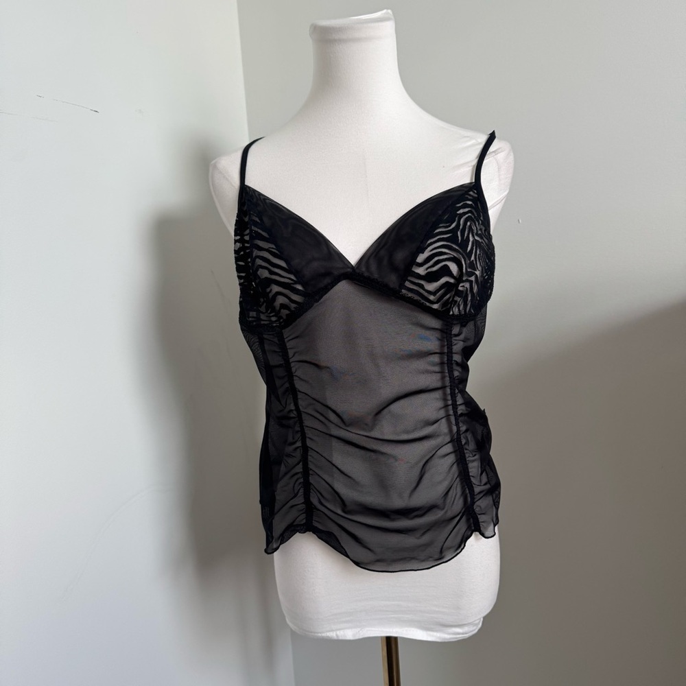 Sheer Black Zebra Mesh Ruched Camisole – Y2K Panther Babe Aesthetic - Picture 3 of 5